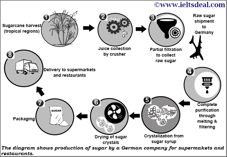 IELTS Academic Writing Task 1: Process diagram on sugar production; with candidate's answer review and a model answer