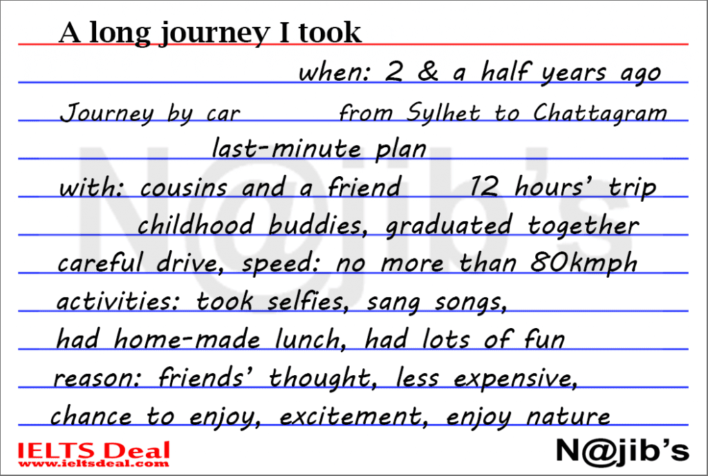 IELTS Speaking Part 2: cue card; a long journey you went on; with notes and model answer