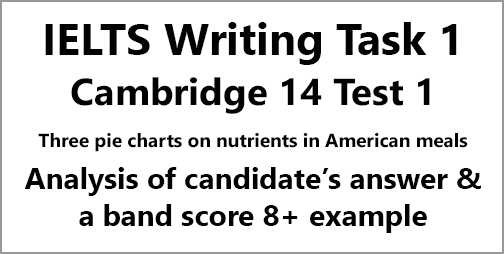 IELTS Writing Task 1: Cambridge 14 Test 1, three pie charts; analysis of candidate's answer, strategies & a band 8+ sample answer