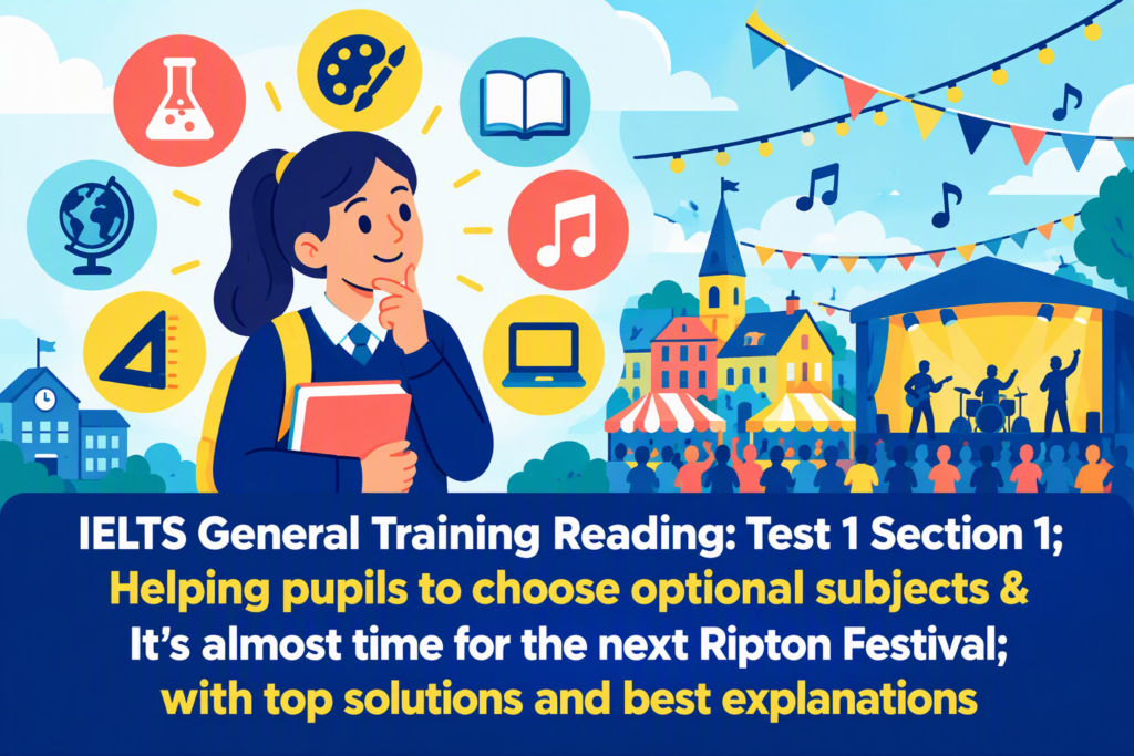IELTS General Training Reading: Test 1 Section 1; Helping pupils to choose optional subjects & It’s almost time for the next Ripton Festival; with top solutions and best explanations