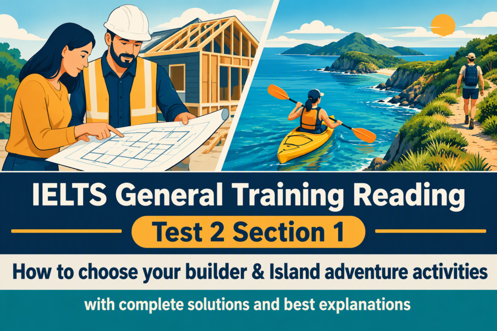 IELTS General Training Reading: Test 2 Section 1; How to choose your builder & Island adventure activities; with complete solutions and best explanations